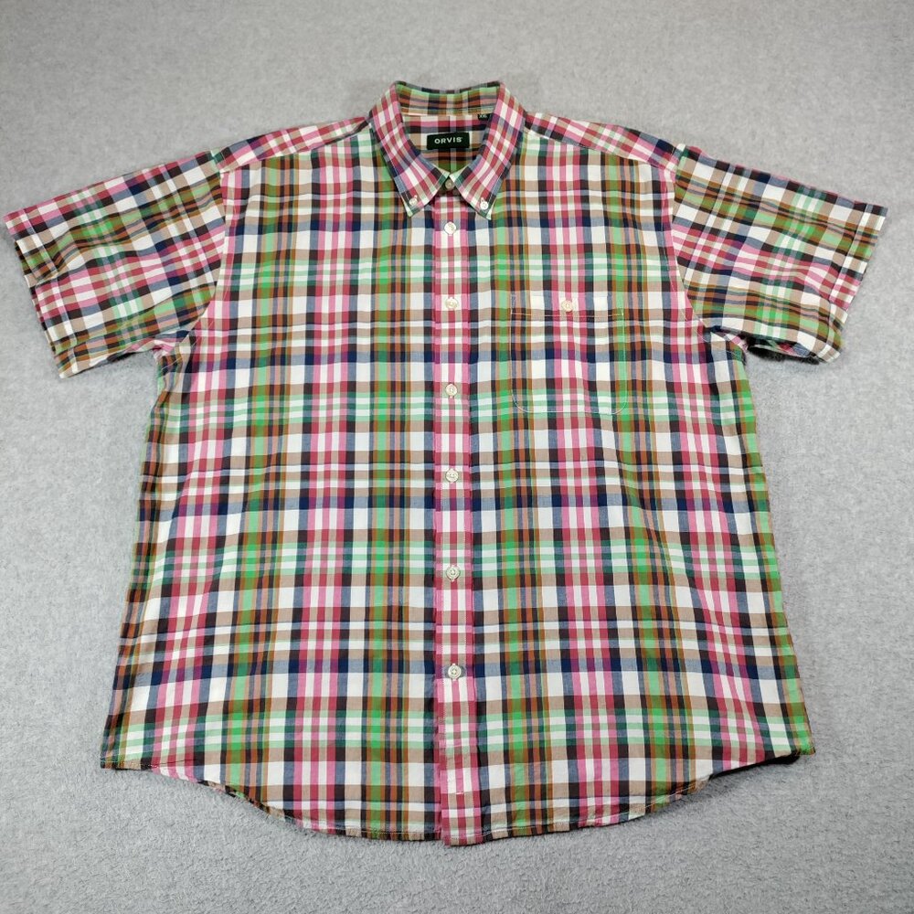 Orvis Shirt Mens XXL Colorful Madras Plaid 100% Cotton Short Sleeve Button Down